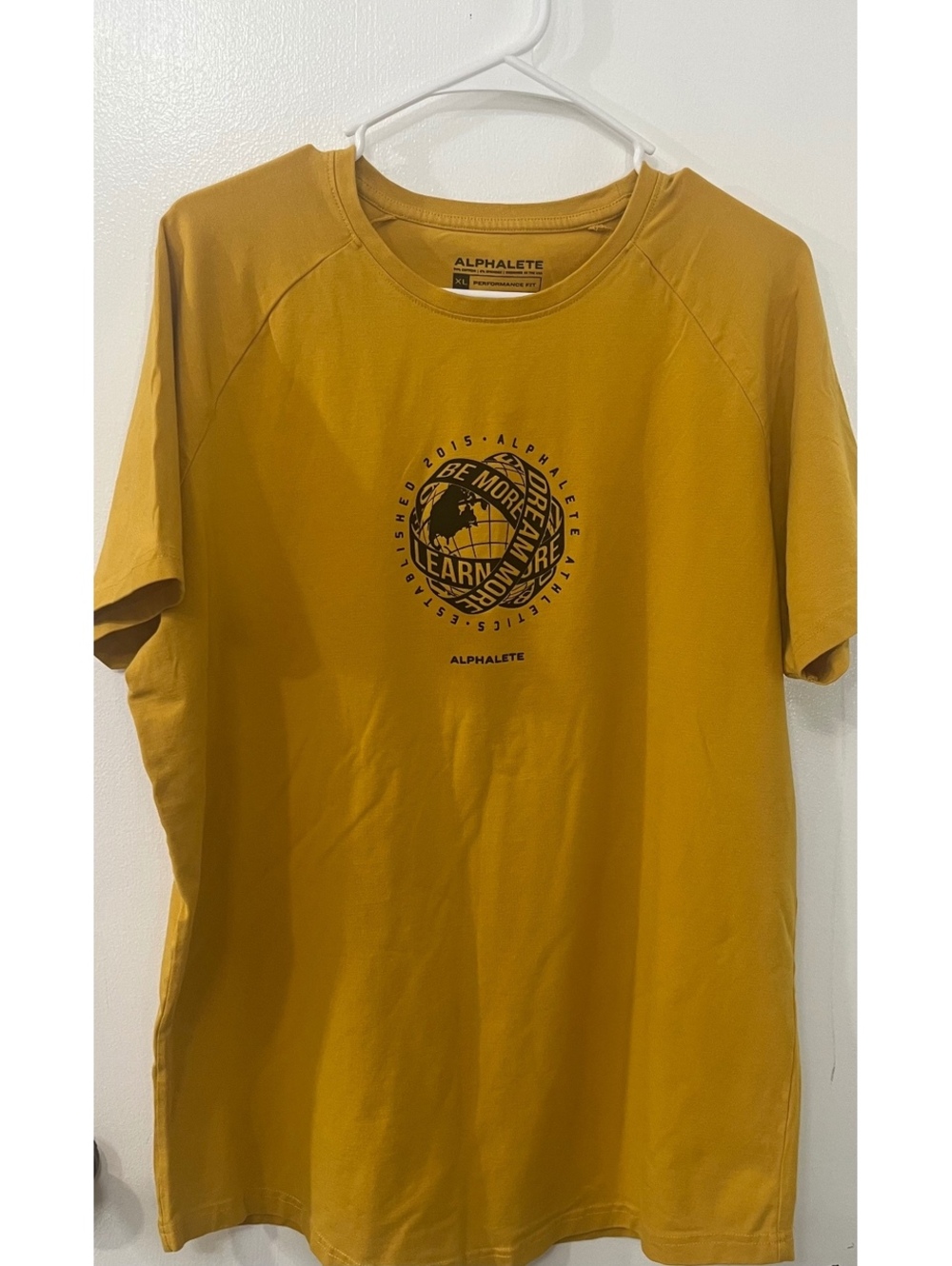 Alphalete Men's XL Performance Fit Mustard Yellow T-Shirt, 94% Cotton 6% Spandex